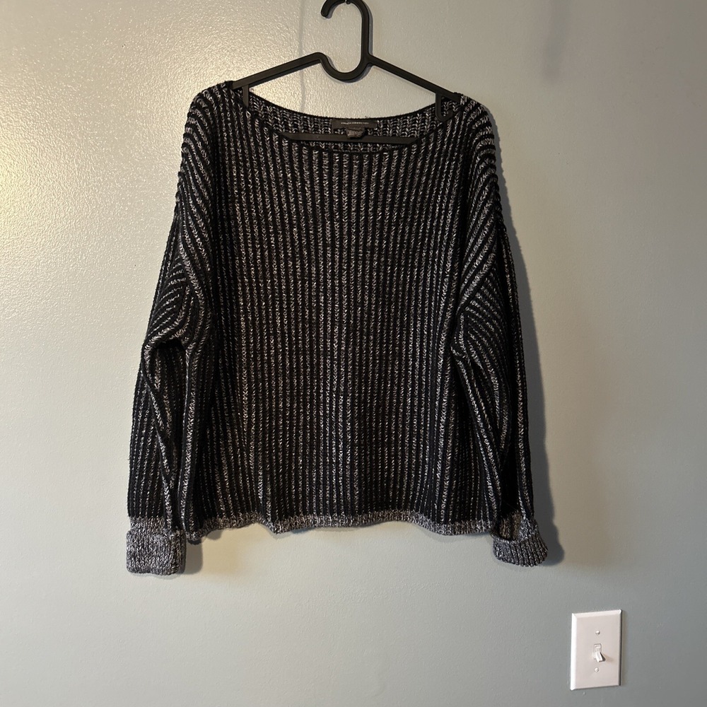 French Connection Black White Stripe Over-sized Boxy Crop Cozy Sweater S